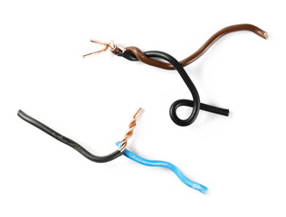 Colorful insulated wires isolated on white background, top view