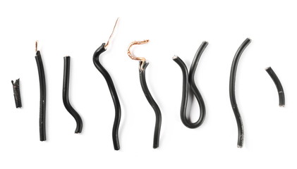 Colorful insulated wires isolated on white background, top view