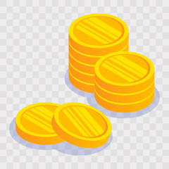 Gold coin stack on light transparent background. Vector illustration in 3d isometric style. Flat yellow money.