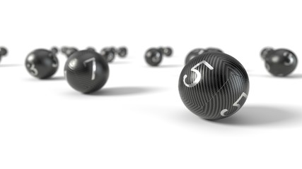 Carbon fiber lottery balls with metal numbers. 3d illustration