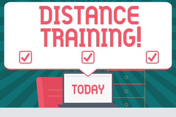 Handwriting text writing Distance Training. Conceptual photo learning remotely without being present at school Blank Huge Speech Bubble Pointing to White Laptop Screen in Workspace Idea