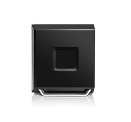 Modern black computer system unit isolated on white. Side view.