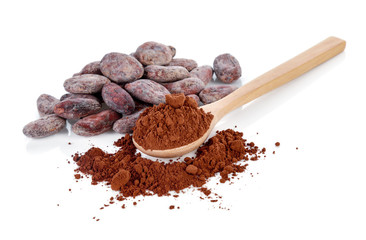 cocoa powder and beans isolated on white background