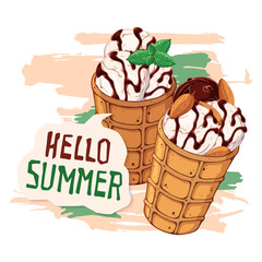 Vector Ice cream in waffle cones decorated with berries, chocolate or nuts.