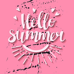 Vector flat hand drawn illustrations. Lettering: Hello Summer.