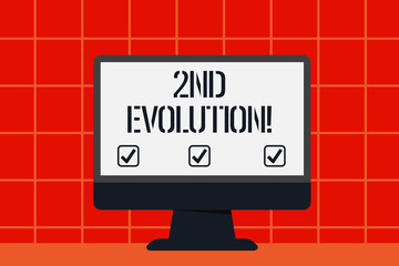 Conceptual hand writing showing 2Nd Evolution. Concept meaning change in the heritable features of biological populations Blank Desktop Computer Colorful Screen Freestanding on Table