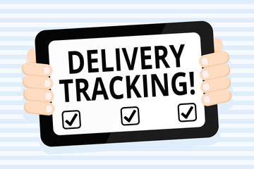 Writing note showing Delivery Tracking. Business concept for the process of localizing shipping containers and mails Color Tablet Smartphone with Screen Handheld Back of Gadget