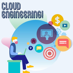 Word writing text Cloud Engineering. Business photo showcasing application of engineering disciplines to cloud computing Man Sitting Down with Laptop on his Lap and SEO Driver Icons on Blank Space