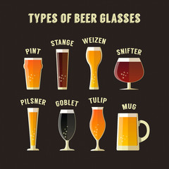 Types of beer glasses, eight glasses set 