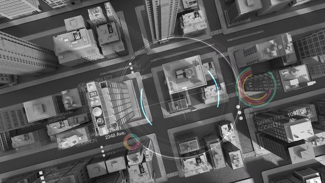 Intelligent Smart building in smart city, Aerial view with user interface,  IoT smart city control. 4k animation.