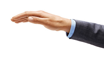 Fototapeta premium Man's hand in suit sign isolated on white background. Inverted open palm, close up. High resolution product.