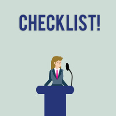 Obraz premium Text sign showing Checklist. Business photo text list items required things be done or points considered Businesswoman Standing Behind Podium Rostrum Speaking on Wireless Microphone