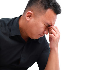 Young man suffering from headache. Healthcare, pain, stress and people concept