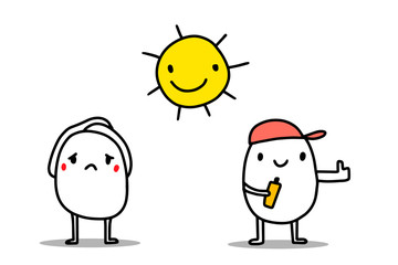 Sun heat and protection summer hand drawn illustration with catoon men. Vector minimalism
