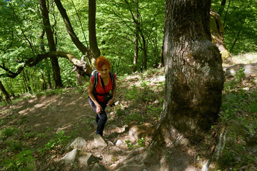 Obraz premium Woman tourist hiking with backpack