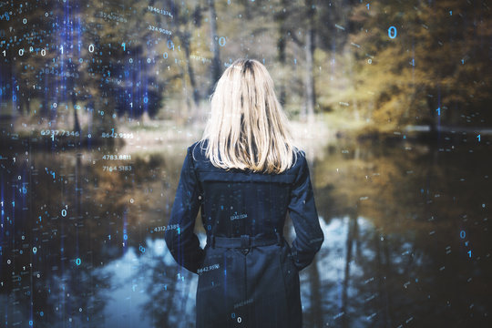 Businesswoman with binary numbers network - Powered by Adobe