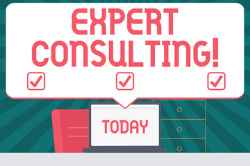 Handwriting text writing Expert Consulting. Conceptual photo providing of expert knowledge to a third party for a fee Blank Huge Speech Bubble Pointing to White Laptop Screen in Workspace Idea