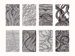 Hand drawn wavy linear textures made with ink. Graphic design template collection. Swirl, curl, wavy stripe, abstract line drawing, organic background, linear graphic pattern. Isolated vector set.
