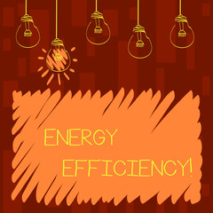 Text sign showing Energy Efficiency. Business photo showcasing reduce the amount of energy required to provide product Set of Transparent Bulbs Hanging with Filament and One is in Lighted Icon