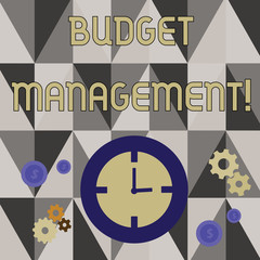 Handwriting text writing Budget Management. Conceptual photo designing and implementing budget processes of a demonstrating Time Management Icons of Clock, Cog Wheel Gears and Dollar Currency Sign