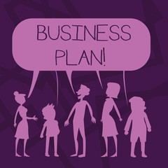 Text sign showing Business Plan. Business photo showcasing the document setting out a business s is future objectives Silhouette Figure of People Talking and Sharing One Colorful Speech Bubble