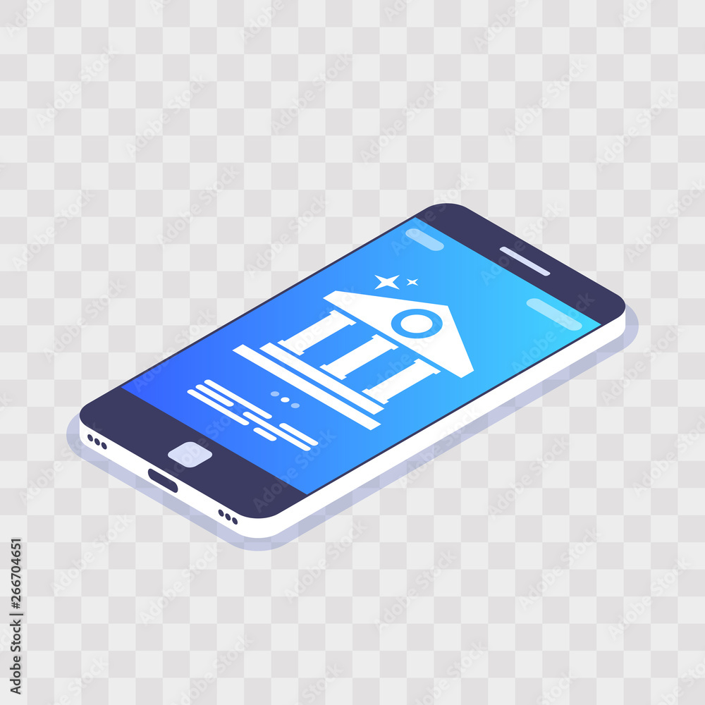 Poster mobile bank 3d vector concept. bank icon on mobile device screen. smartphone on transparent backgrou
