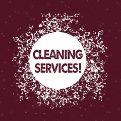 Text sign showing Cleaning Services. Business photo text perform a variety of cleaning and maintenance duties Disarrayed and Jumbled Musical Notes Icon Surrounding Blank Colorful Circle