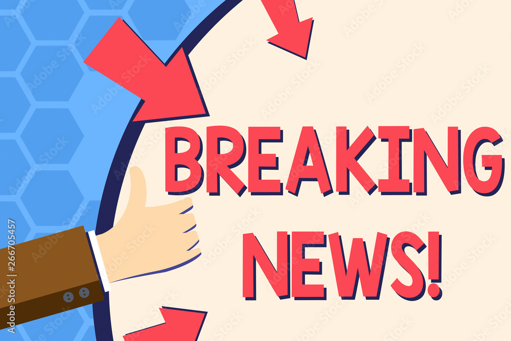 Poster writing note showing breaking news. business concept for newly received info about an event and curr