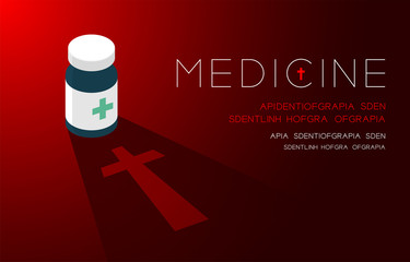 Medicine bottle with shadow and cross sign, Danger expired concept idea poster or flyer template layout design illustration isolated on red gradients background with copy space, vector eps10