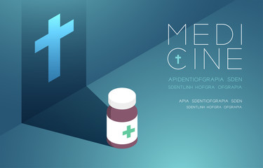 Medicine bottle with shadow and cross sign, Danger expired concept idea poster or flyer template layout design illustration isolated on blue gradients background with copy space, vector eps10