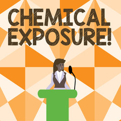 Naklejka premium Word writing text Chemical Exposure. Business photo showcasing Touching, breathing, eating or drinking harmful chemicals Businesswoman Standing Behind Podium Rostrum Speaking on Wireless Microphone