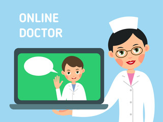 Online doctor. Concept of modern healthcare. Nurse shows you how to get medical advice with help of Internet. Service for medical education, communication and help. Illustration isolated in flat