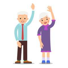 Fototapeta na wymiar Old people with hand up. Active gesture senior couple. Grandfather and grandmother smiling. Healthy pensioner concept. Happy family. Cartoon illustration isolated on white background in flat style