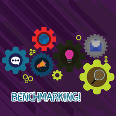 Text sign showing Benchmarking. Business photo text evaluate something by comparison with standard or scores Set of Global Online Social Networking Icons Inside Colorful Cog Wheel Gear