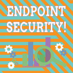 Naklejka premium Text sign showing Endpoint Security. Business photo showcasing the methodology of protecting the corporate network Magnifying Glass Over Bar Column Chart beside Cog Wheel Gears for Analysis