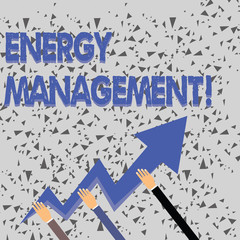 Word writing text Energy Management. Business photo showcasing way of tracking and monitoring energy to conserve usage Three Hands Holding Colorful Zigzag Lightning Arrow Pointing and Going Up