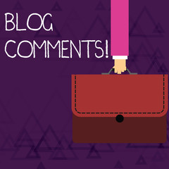 Writing note showing Blog Comments. Business concept for Space at the end of each post for a reader to leave a comment Businessman Carrying Colorful Briefcase Portfolio Applique