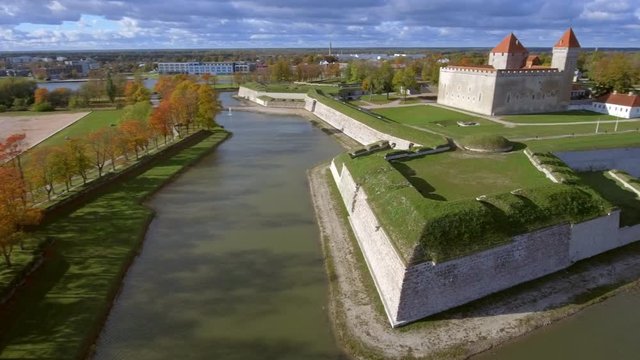 Aerial view of the Kuressaare Bishop castle in Saarema Estonia with the big river outside the castle
