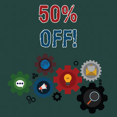 Fototapeta premium Writing note showing 50 Percent Off. Business concept for 50 percent reduction on the original price of a product Set of Global Online Social Networking Icons Cog Wheel Gear