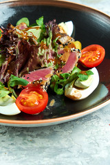 Fototapeta na wymiar Warm Tuna Salad. Beautiful serving dishes. Light gray background. Restaurant menu
