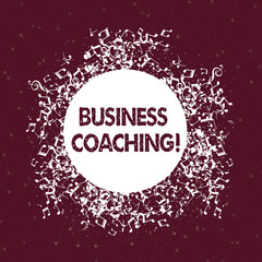 Text sign showing Business Coaching. Business photo text providing support and occasional advice to an individual Disarrayed and Jumbled Musical Notes Icon Surrounding Blank Colorful Circle