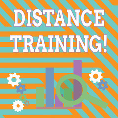 Text sign showing Distance Training. Business photo showcasing learning remotely without being present at school Magnifying Glass Over Bar Column Chart beside Cog Wheel Gears for Analysis