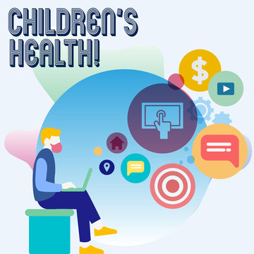 Word writing text Children S Is Health. Business photo showcasing kid condition of being free from illness or disease Man Sitting Down with Laptop on his Lap and SEO Driver Icons on Blank Space