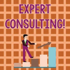 Word writing text Expert Consulting. Business photo showcasing providing of expert knowledge to a third party for a fee Smiling Businessman Climbing Colorful Bar Chart Following an Arrow Going Up