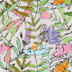 Crayon abstract flowers and leaves background. Chalk textured floral drawing in bright colors seamless pattern. Hand drawn colorful childlike illustration. Kids drawing with rough texture. 