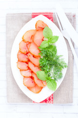 Homemade chicken breast basturma, selective focus