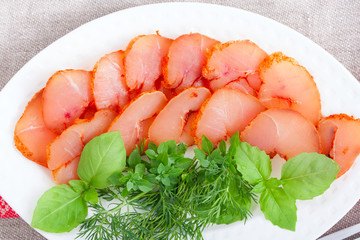 Homemade chicken breast basturma, top view, horizontal