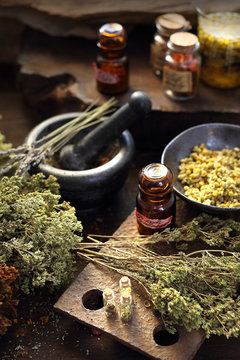 Herbal oils and natural medicines. Herbal medicine and alternative medicine.