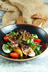 Warm Tuna Salad. Beautiful serving dishes. Light gray background. Restaurant menu