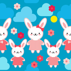 Seamless pattern. Hares in pink clothes on a blue background with flowers. Kawaii. Pink seam. Vector illustration. Can be used for wallpaper, textile, invitation card, wrapping, web page background.
